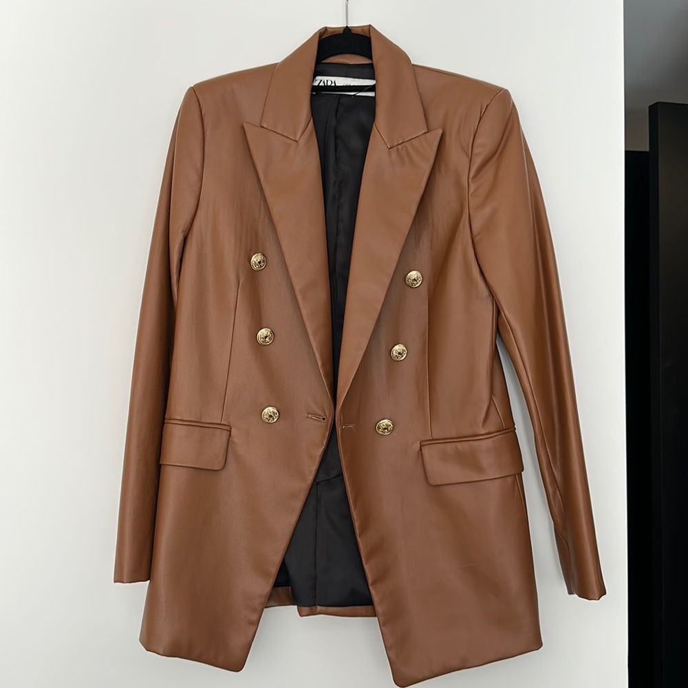 Zara tan faux leather blazer size 2
